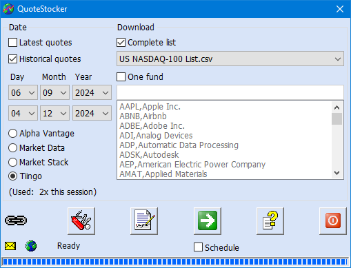 Image of the main window of QuoteStocker to download stock quotes