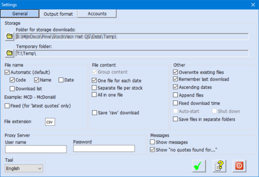 Screenshot of the general settings of QuoteStocker