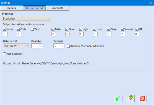 Screenshot of the output format settings window